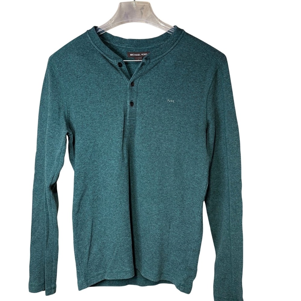 Michael Kors Men's Teal Waffle Knit Henley Long Sleeve Shirt Size Large